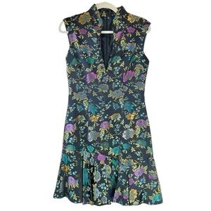 Black Satin Dress Asian Inspired Colorful Jacquard Brocade Flounce Hem Sz 4